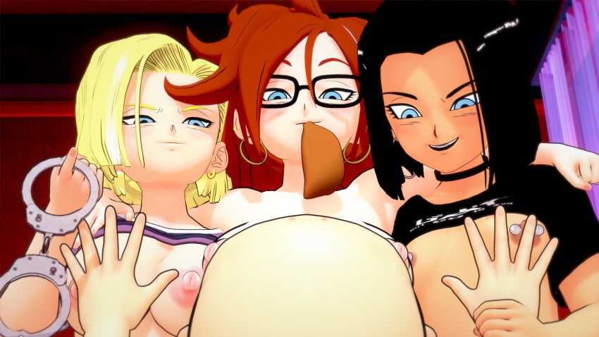 2boys 3d android_17 android_18 android_21 assertive bisexual black_hair black_lipstick blonde_hair breast_out breasts dragon_ball dragon_ball_super dragon_ball_z femboy glasses handcuffs imminent_sex krillin nipple_piercing red_hair roseza smirk