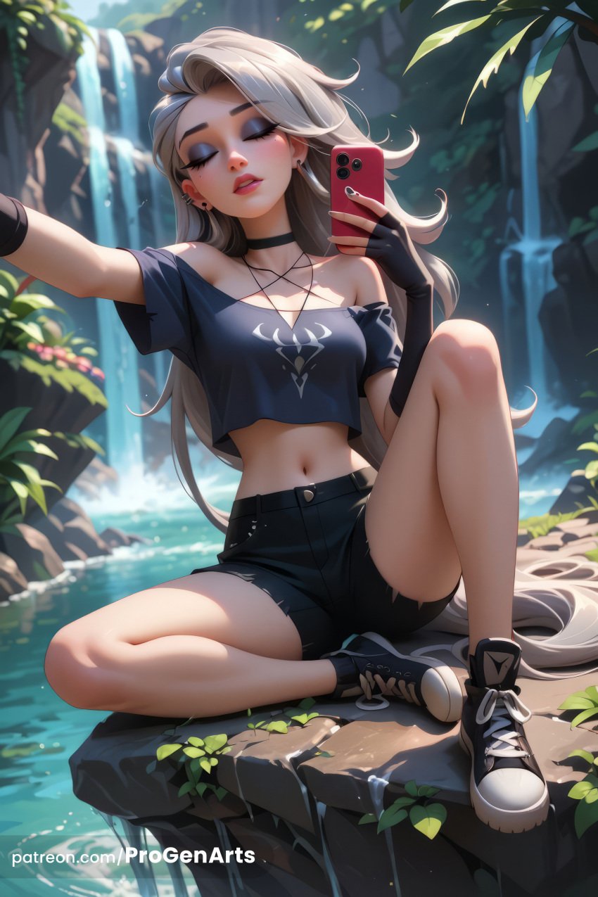 1girls ai_generated artist_name bare_shoulders black_choker black_footwear black_gloves black_shorts breasts cellphone choker closed_eyes crop_top ear_piercing earrings elbow_gloves eyeshadow fingerless_gloves gloves grey_hair helluva_boss hi_res holding holding_phone humanized jewelry knee_up long_hair loona_(helluva_boss) makeup midriff navel off-shoulder_shirt off_shoulder outdoors parted_lips patreon_username phone piercing progenarts selfie shirt shoes short_shorts short_sleeves shorts sitting smartphone sneakers solo stomach torn_clothes very_long_hair water waterfall