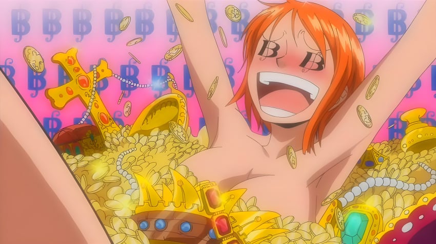 anime_screencap artist_request bathing big_breasts blush breasts dollar_eyes female female_only gold jewelry jewels large_breasts nami nami_(one_piece) nude one_piece orange_hair pre-timeskip screencap