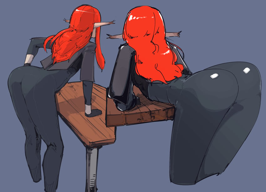 1girls ass ass_focus ass_shot atlus bent_over big_ass black_bodysuit bodysuit clothing eiselin_hulkenberg female female_only hair legs long_hair metaphor:_refantazio mrplow34 multiple_views pointy_ears red_hair solo solo_female table