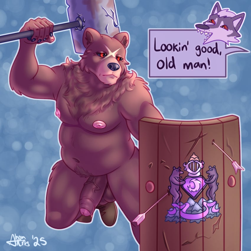 1:1 2025 anthro artist_name balls bear belly belly_tuft bertrand_(unicorn_overlord) biceps big_penis black_nose black_sclera boots canid canine canis claws clothing colored dialogue dialogue_box digital_drawing_(artwork) digital_media_(artwork) english_text facial_scar fingers fluffy_chest footwear foreskin fur genitals govil_(unicorn_overlord) hammer hi_res holding_object holding_weapon humanoid_genitalia humanoid_penis leg_muscles looking_away looking_offscreen male male_only mammal mature_male mostly_nude musclegut muscular mythological_canine mythological_creature mythology navel nipples nude offscreen_character overweight overweight_male penis red_eyes scar shaded shield shoes shon_arts signature simple_background solo solo_focus text tools tuft unicorn_overlord vanillaware vein weapon werecanid werecanine werecreature werewolf wolf