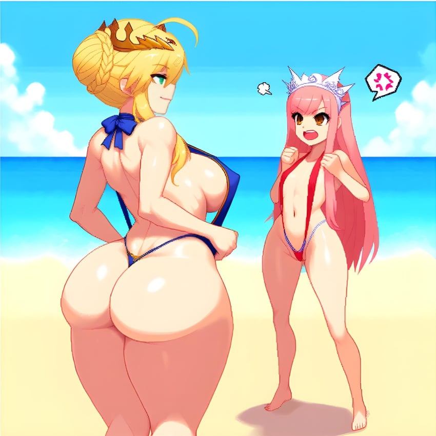 2girls ahoge artoria_pendragon artoria_pendragon_(lancer) beach blonde_hair breasts crown fate/grand_order fate_(series) huge_ass light-skinned_female light_skin medb_(fate) pink_hair ribbon sling_bikini slingshot_swimsuit smug_smile swimsuit thick_thighs voluptuous