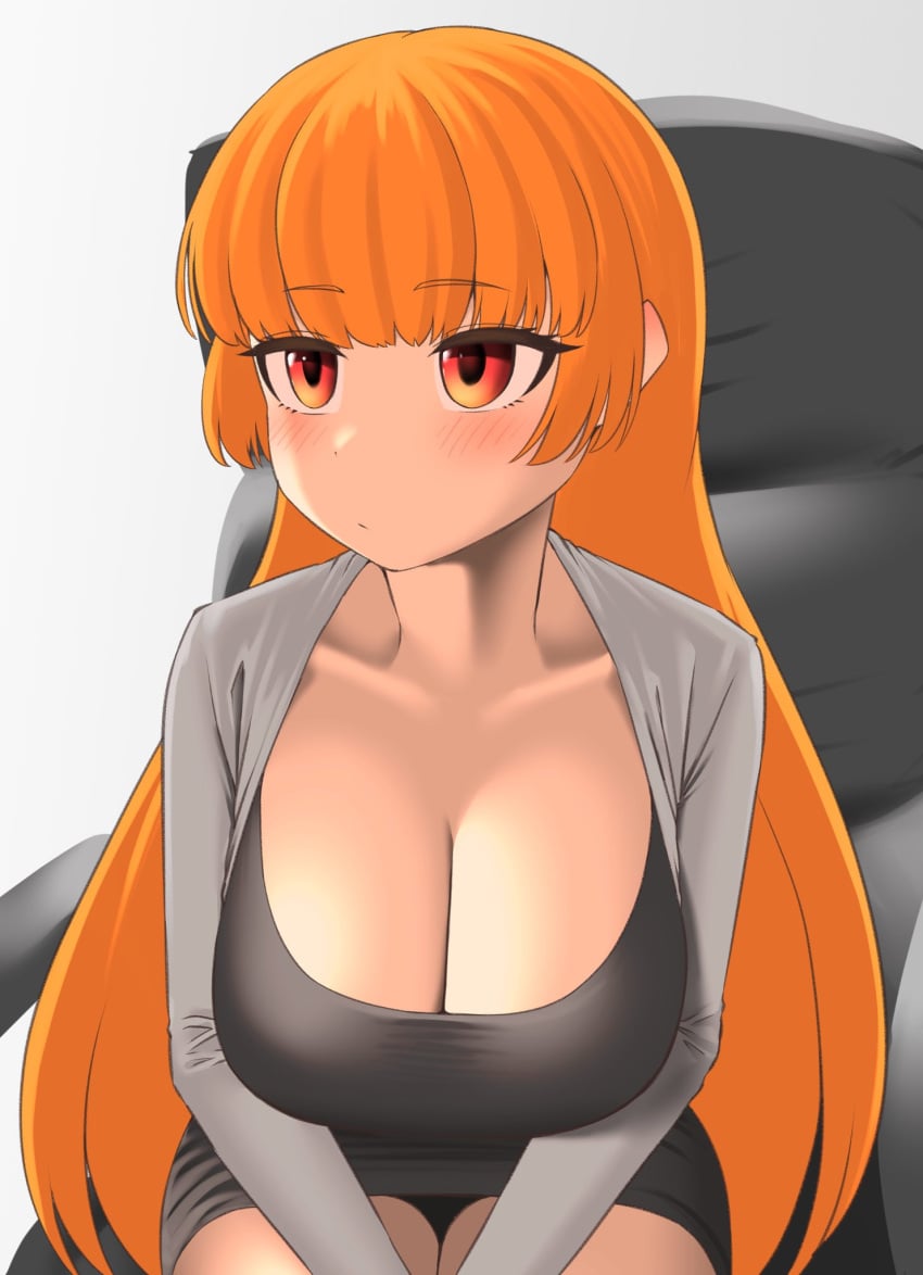 cleavage huge_breasts humanized kaori_(splatoon) long_hair nobunagapero office_chair office_clothing orange_hair splatoon