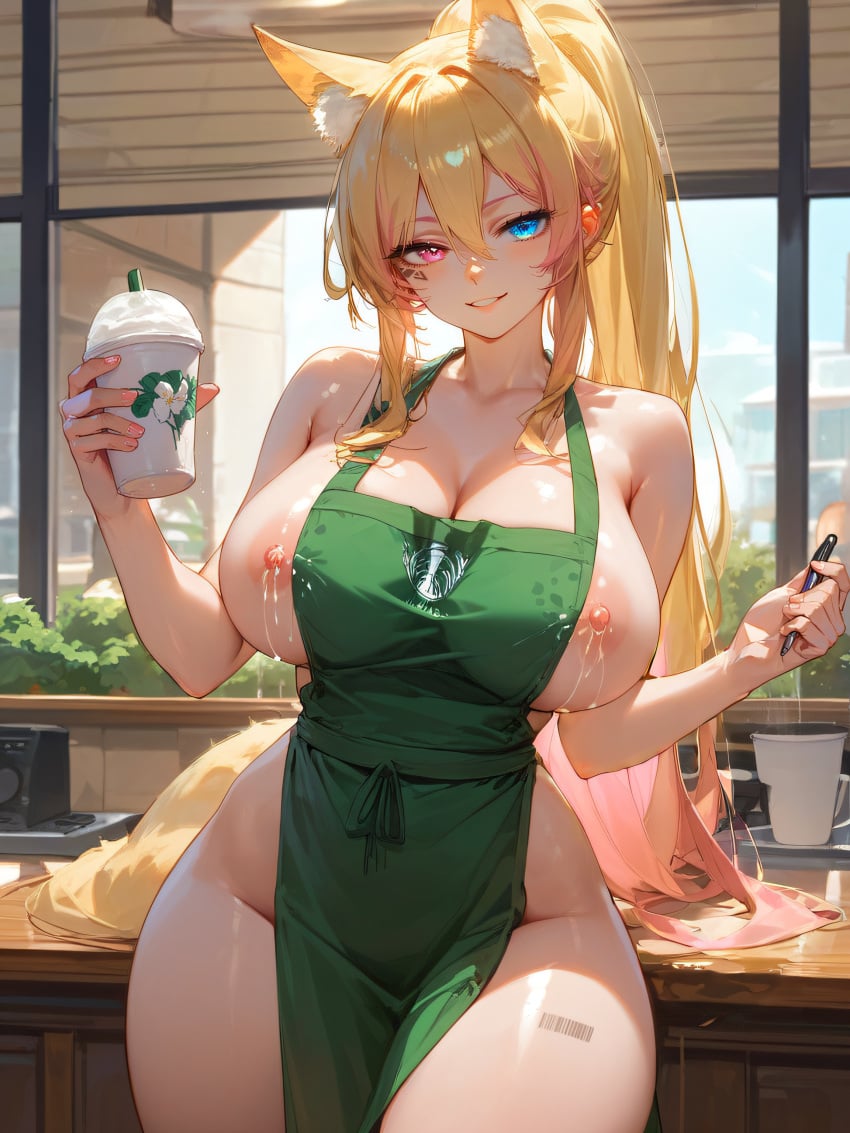 1girls ai_generated amiiari apron barista big_breasts blonde_female blonde_hair coffee coffee_cup cum employee employee_uniform female fox_ears fox_girl foxyevoxy from_below heterochromia lactation looking_at_viewer multicolored_hair partially_clothed tagme virtual_youtuber vtuber