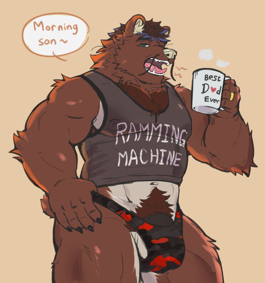 anthro balls bear belly big_muscles black_claws blue_eyes body_hair brown_body brown_fur brown_hair brown_penis brown_tuft chest_hair claws clothing container cup dialogue digital_media_(artwork) dragon exposed_belly fur genitals ginkoburr_(character) hair half-erect hand_on_underwear hi_res holding_object hybrid jockstrap male mammal meocondainhan mug multicolored_body multicolored_fur muscular muscular_male muscular_thighs mythological_creature mythological_scalie mythology navel nipple_outline open_mouth penis ring scalie shirt solo speech_bubble steam tank_top teeth text tight_clothing tired_eyes tongue topwear tuft underwear whiskers white_nose yawn