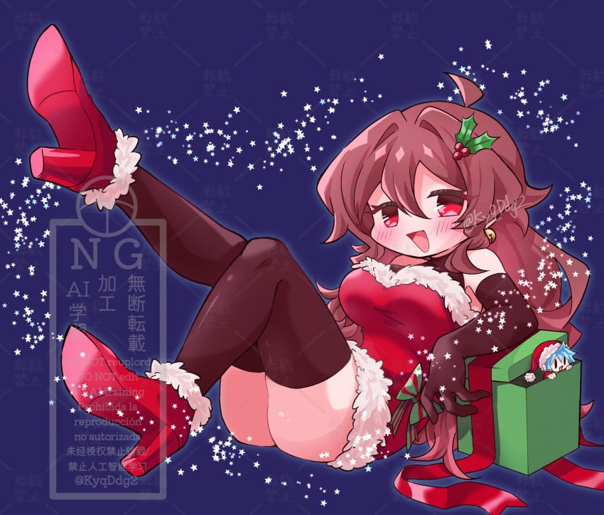 1girls ahoge bell big_ass big_breasts brown_eyes brown_hair christmas friday_night_funkin friday_night_funkin_mod girlfriend_(friday_night_funkin) huge_breasts huge_thighs long_hair pink_hair red_eyes red_hair ribbon santa_costume small_breasts smile star stuffed_toy thighs