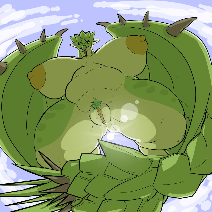 absurd_res amillionbears anthro areola big_breasts black_eyes breasts capcom female genitals green_areola green_body green_nipples green_pubes green_scales hi_res huge_breasts looking_at_viewer low-angle_view membrane_(anatomy) membranous_wings monster_hunter navel nipples nude orange_sclera pubes pussy rath_wyvern rathian scales sky slightly_chubby solo spiked_tail spikes spikes_(anatomy) tail thick_thighs wide_hips winged_arms wings