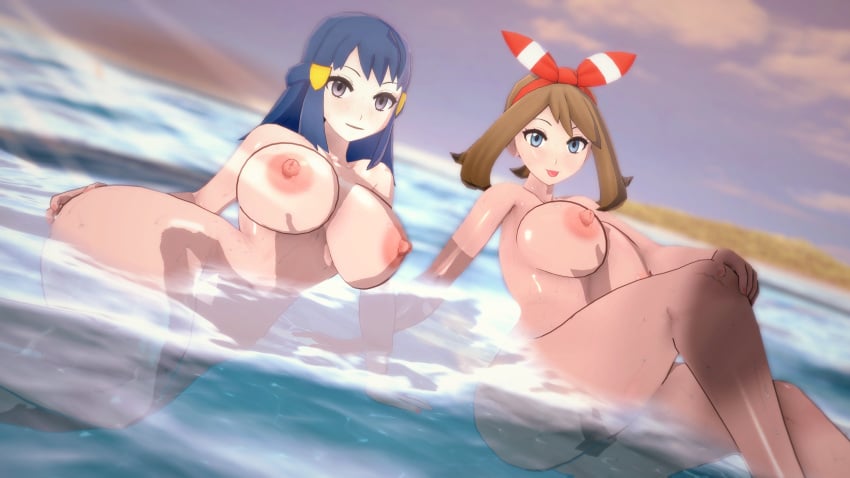 beach breasts dawn_(pokemon) koikatsu may_(pokemon) nude nude_female pokemon river_rock