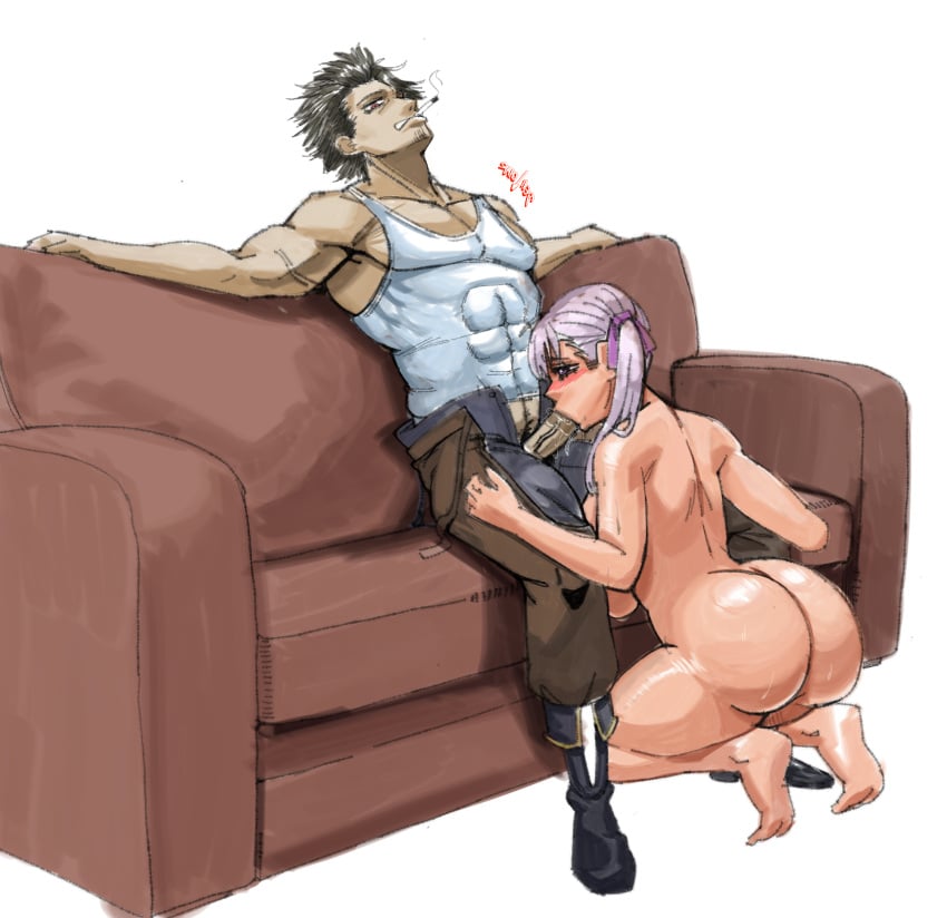 1boy 1girls ass big_ass big_breasts black_clover blowjob blush breasts cheating dark-skinned_male fat_ass fellatio highres huge_ass huge_breasts large_breasts light-skinned_female light_ski muscular_male netorare noelle_silva on_knees oral purple_eyes scharlottelambo silver_hair twintails white_background yami_sukehiro