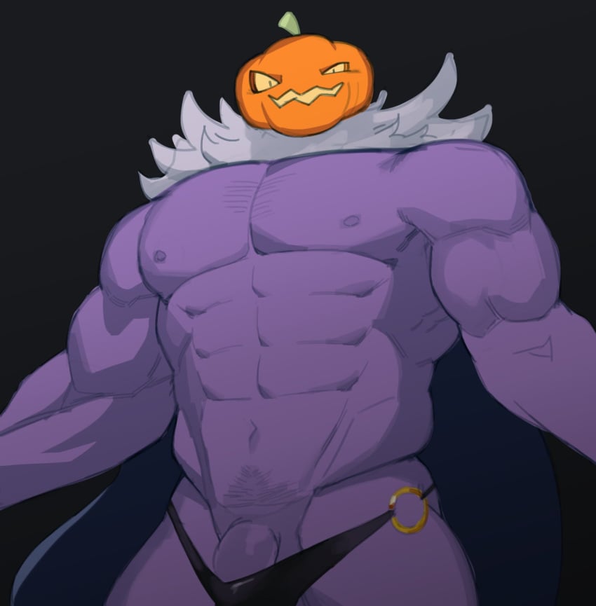 1boy artlamelt bulge male muscular muscular_male pumpkin pumpkin_head solo tagme thong underwear