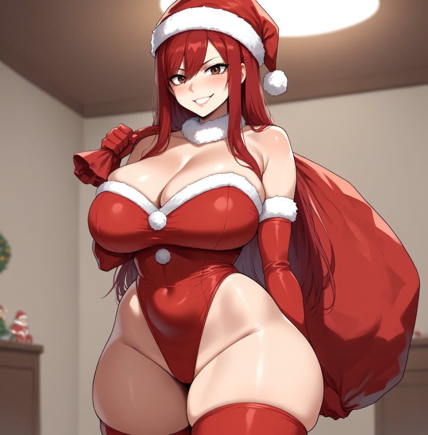 ai_generated bare_thighs blush brown_eyes christmas christmas_lingerie christmas_outfit erza_scarlet fairy_tail gigantic_breasts hair_between_eyes huge_breasts huge_thighs light-skinned_female light_skin long_hair looking_at_viewer massive_breasts red_hair santa_hat smiling smogai solo_female squatting stockings sweat sweatdrop thick_body thick_female thick_thighs thighs thighs_bigger_than_head voluptuous voluptuous_female