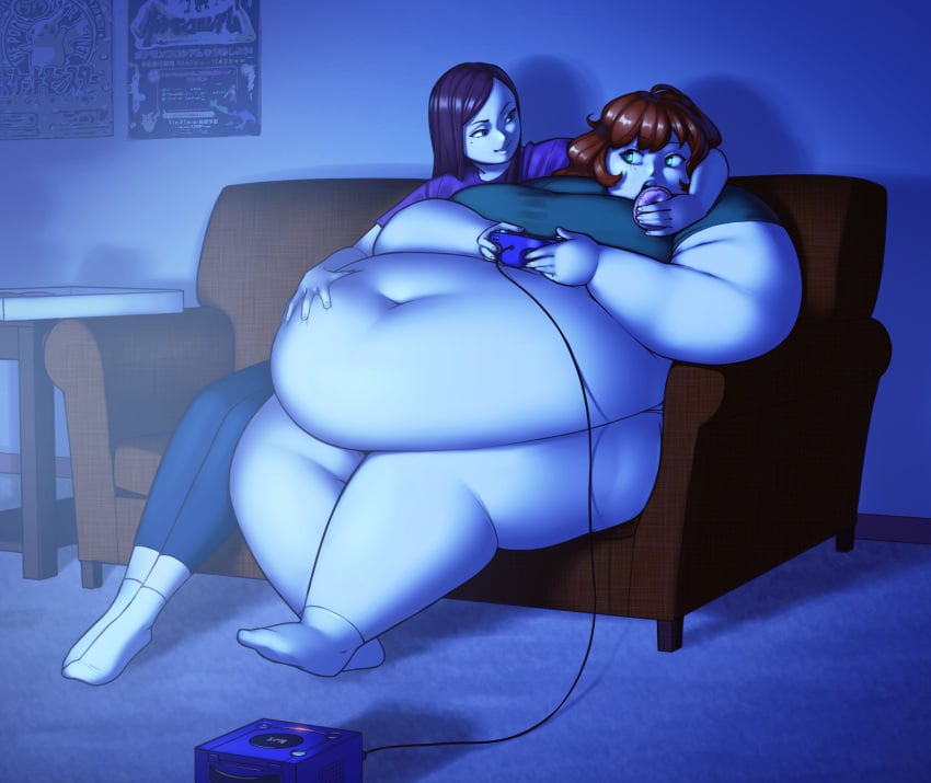 2girls belly belly_button better_with_salt donut eating eating_food fat fat_ass fat_woman feedee feeder feederism feeding freckles freckles_on_face gamecube_console gamecube_controller gaming gaming_console green_eyes hand_on_belly large_breasts lesbian_couple lesbian_domination morbidly_obese morbidly_obese_female obese obese_female oc ocs playing_game playing_games playing_videogame purple_hair red_hair slim slim_girl yuri yuri