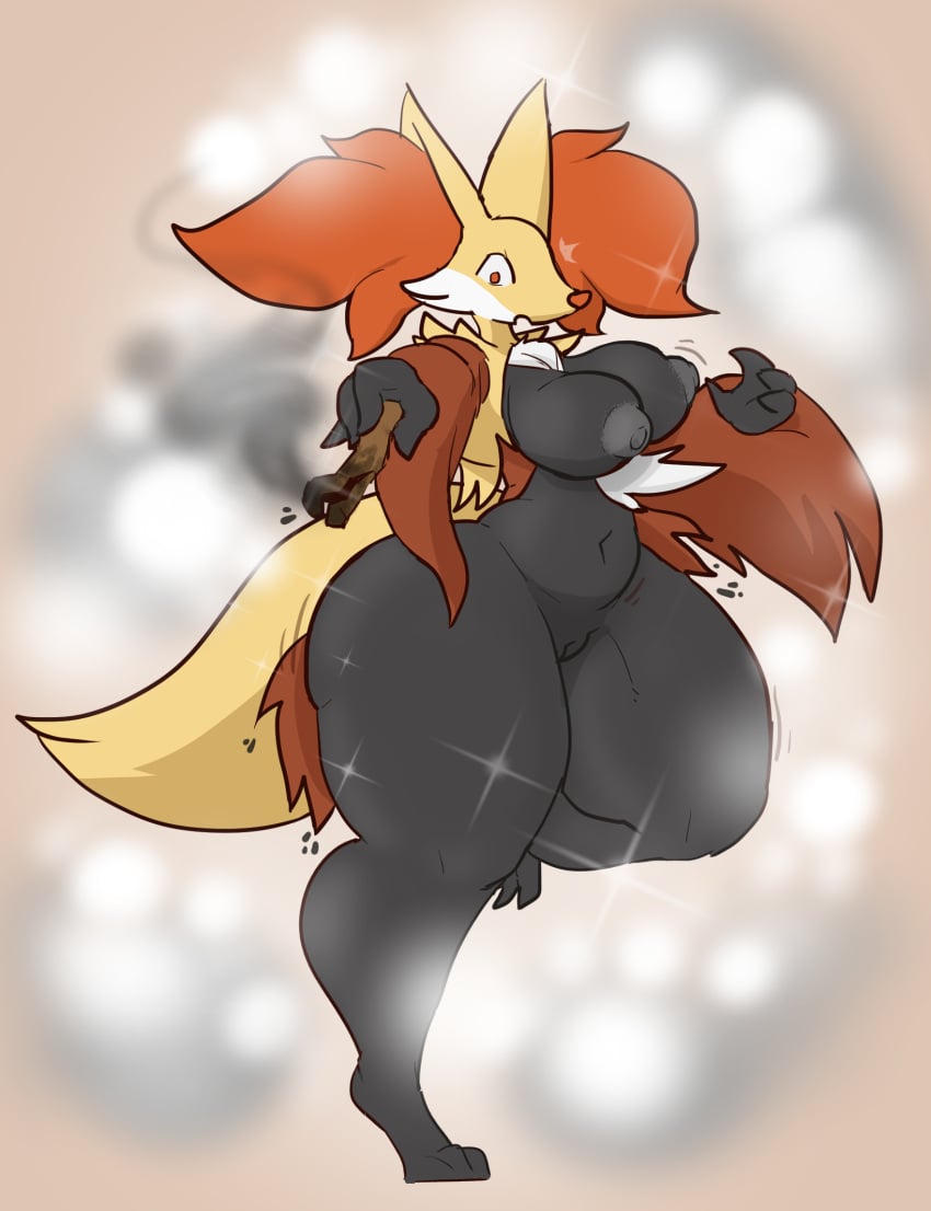 amillionbears anthro areola big_breasts big_tail bottom_heavy breasts brown_background brown_body brown_fur cheek_tuft delphox facial_tuft female fur generation_6_pokemon genitals grey_areola grey_nipples hi_res holding_object holding_stick inner_ear_fluff navel nintendo nipples nude on_one_leg orange_body orange_eyes orange_fur orange_nose pokemon pokemon_(species) pussy simple_background smoke solo sparkles standing stick tail thick_thighs tuft wide_hips yellow_body yellow_fur