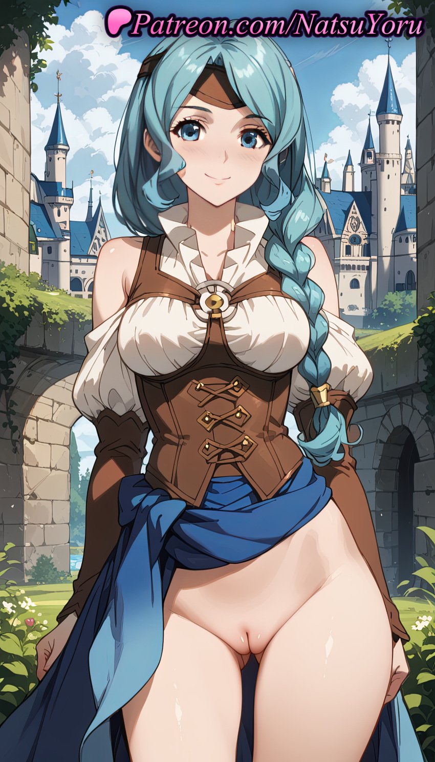 1girls ai_generated anime anime_style aqua_eyes aqua_hair arms_at_sides ass_visible_through_thighs bangs bare_shoulders blue_eyes blue_hair blue_skirt blue_sky blush bottomless braid braided_ponytail breasts building bust busty castle cleft_of_venus closed_mouth clothing_cutout cloud collarbone corset cowboy_shot day detached_sleeves female female_focus female_only hair_over_shoulder headband hentai long_hair long_sleeves looking_at_viewer medium_breasts natsuyoru no_panties non-asian o-ring outdoors paipan parted_bangs puffy_sleeves pussy shirt shoulder_cutout single_braid skirt sky smile solo solo_female standing tate_no_yuusha_no_nariagari the_rising_of_the_shield_hero therese_alexanderite thigh_gap thighs uncensored underbust vagina voluptuous voluptuous_female white_shirt