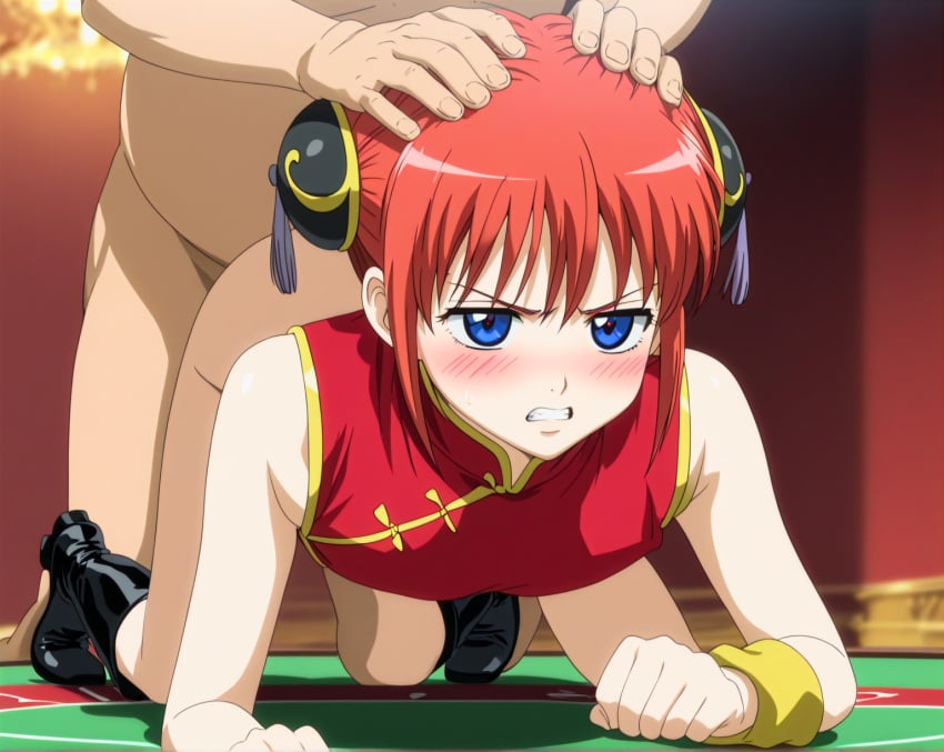 adult_and_teenager age_difference ai_generated ambiguous_consent chinese_clothes cunny doggy_style gintama kagura_(gintama) older_man_and_teenage_girl red_hair teenage_girl ugly_bastard