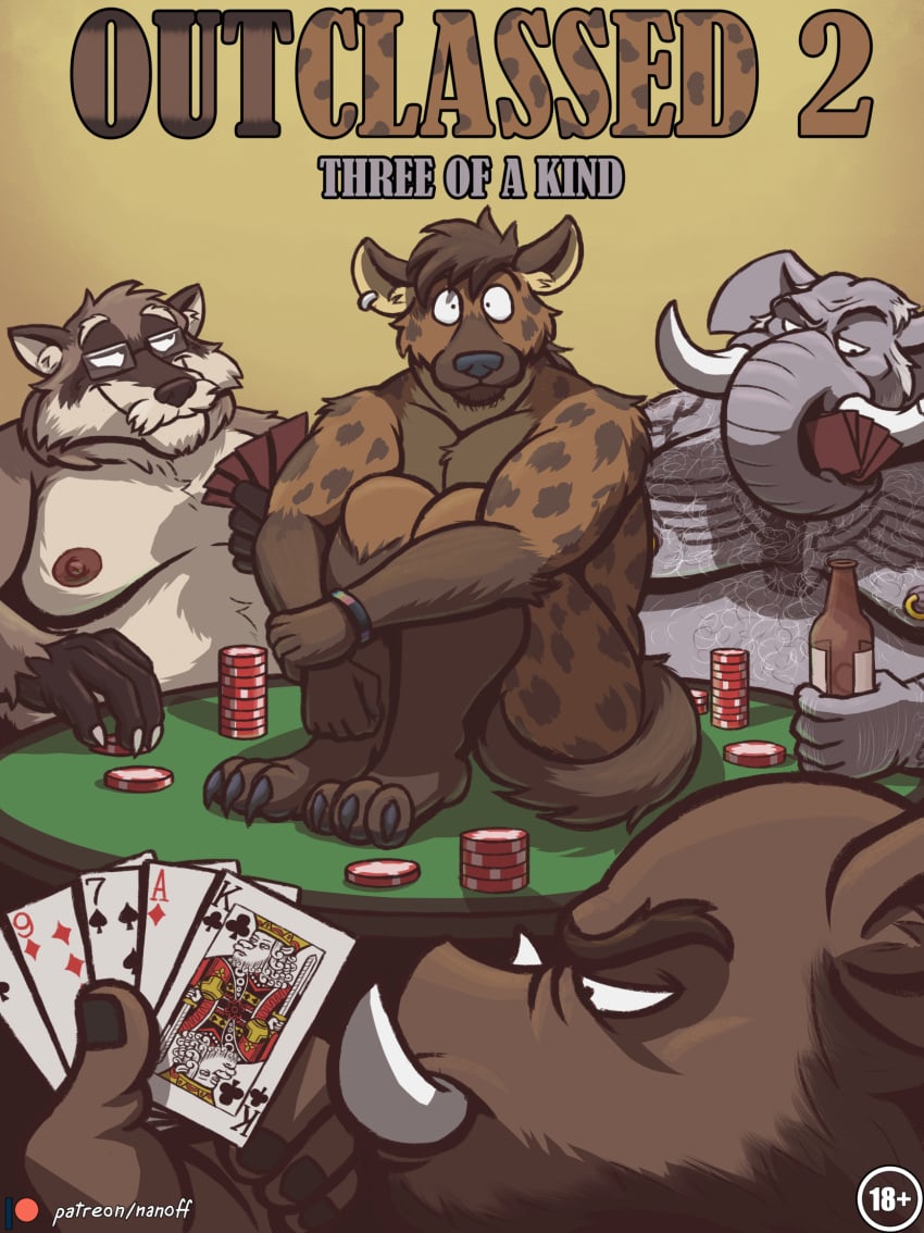 alfonso_(nanoff) anthro body_hair brown_hair card chest_hair comic cover cover_art cover_page ear_piercing elephant elephantid eyewear glasses group hair hi_res horacio_(nanoff) hyena male male/male mammal nanoff nipple_piercing nipples nude piercing poker proboscidean procyonid raccoon suarez_(nanoff) suid suine sus_(pig) trio walter_rossi_(nanoff) wild_boar