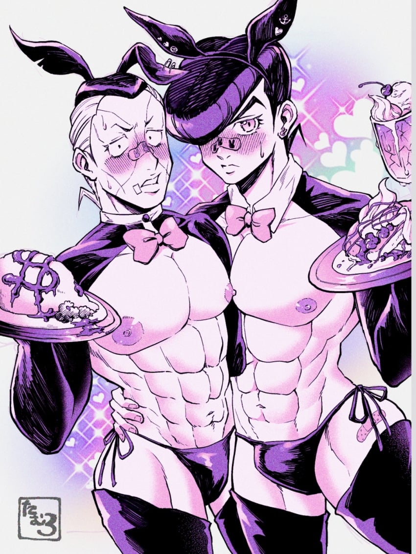 bara breasts bunny_boy bunny_costume bunnysuit diamond_is_unbreakable embarrassed gay japanese_text jojo's_bizarre_adventure josuke_higashikata male_only muscular muscular_male nipples okuyasu_nijimura pecs