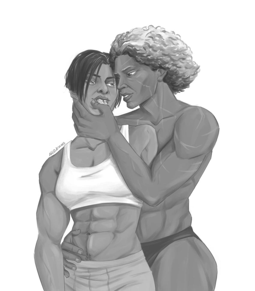 2girls abs ambessa_medarda arcane battle_scars dark-skinned_female hand_on_face league_of_legends muscular muscular_female netflix riot_games scars sevika white_background