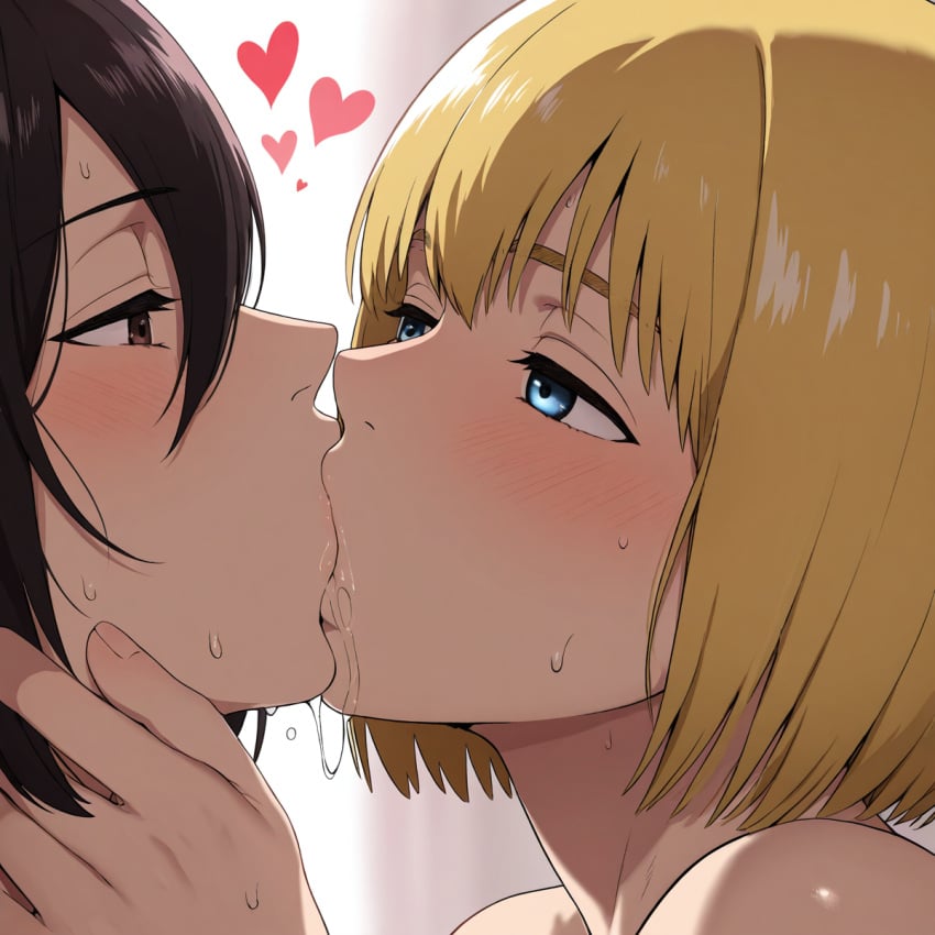 ai_generated armin_arlert drool_on_face drooling extreme_french_kiss femboy french_kiss heart horny lovers mikasa_ackerman saliva shingeki_no_kyojin submissive_female sucking