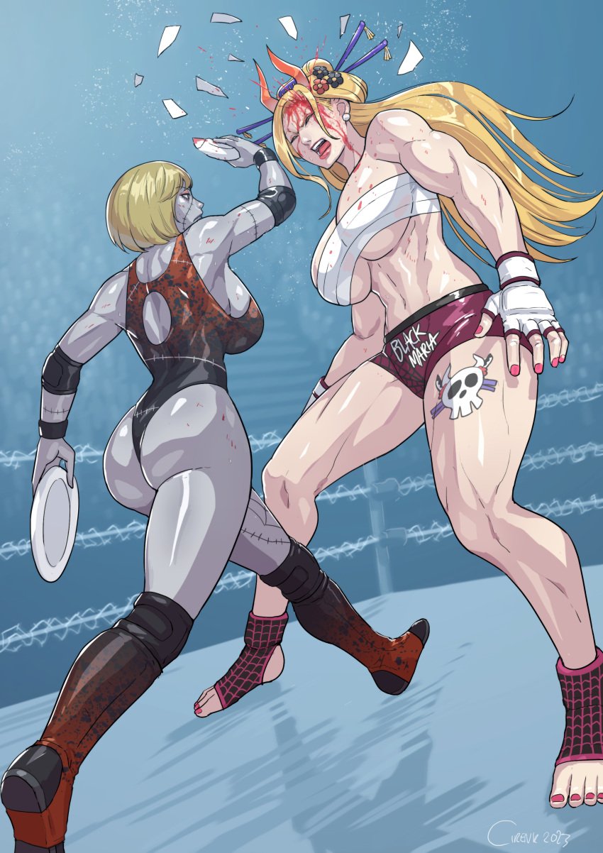 ass black_maria blonde_female blonde_hair blood blood_on_face bob_cut boxing_ring butt chest_wraps cirenk female female_only fingerless_gloves grey-skinned_female grey_skin leotard long_hair mma one_piece pale-skinned_female pale_skin sarashi thighs toes underboob victoria_cindry