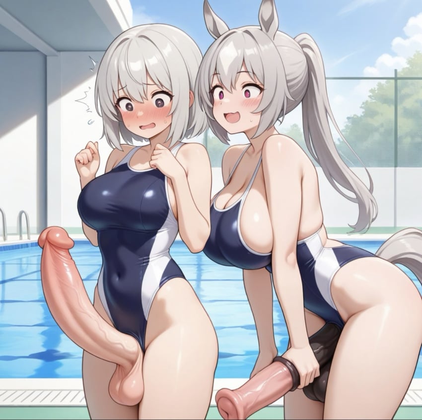 2girls ai_generated animal_ears big_balls big_breasts blush erect_penis erection futa_only futanari grabbing_penis grey_hair horse_girl horsecock horsecock_futanari huge_cock medium_breasts perfect_body petite pool sideboob slim swimsuit tail tight_clothing zynai