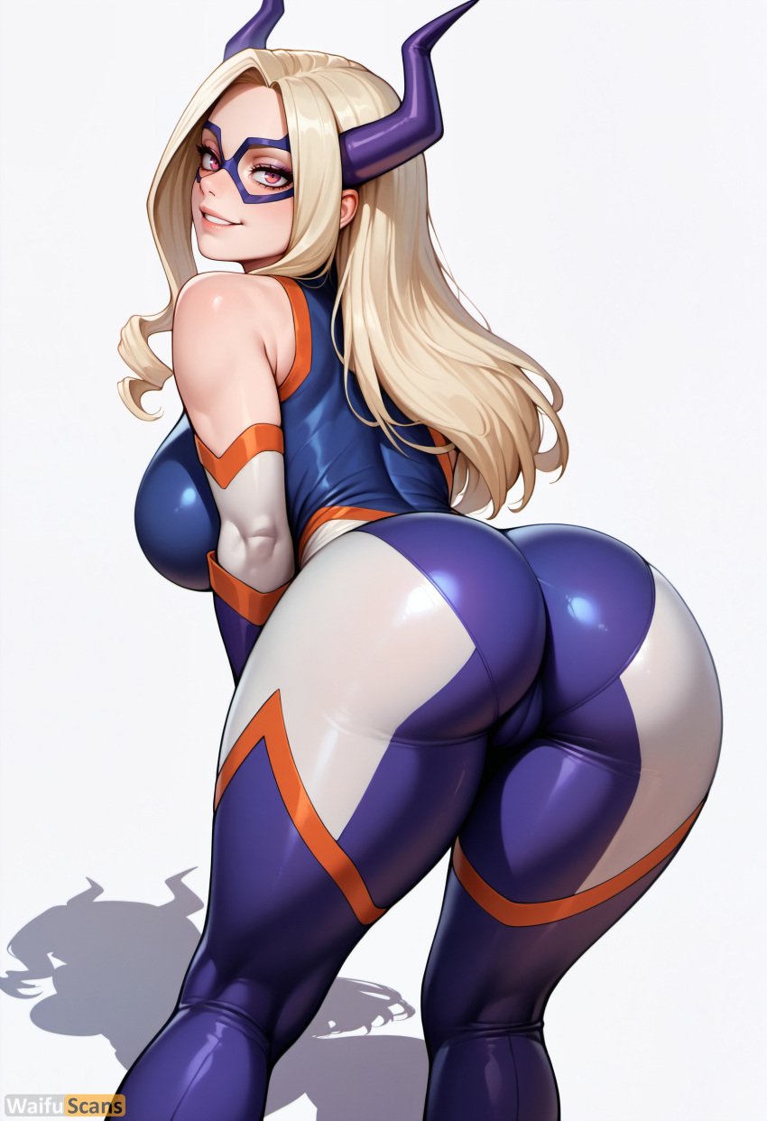 ai_generated artist_name ass bare_shoulders bent_over blonde_hair bodysuit boku_no_hero_academia breasts cameltoe domino_mask female from_behind high_resolution highres horns large_breasts lips long_hair looking_at_viewer looking_back mask my_hero_academia parted_lips red_eyes shadow shiny_clothes simple_background skin_tight smile solo stable_diffusion superhero thick_thighs thighs waifuscans418 white_background