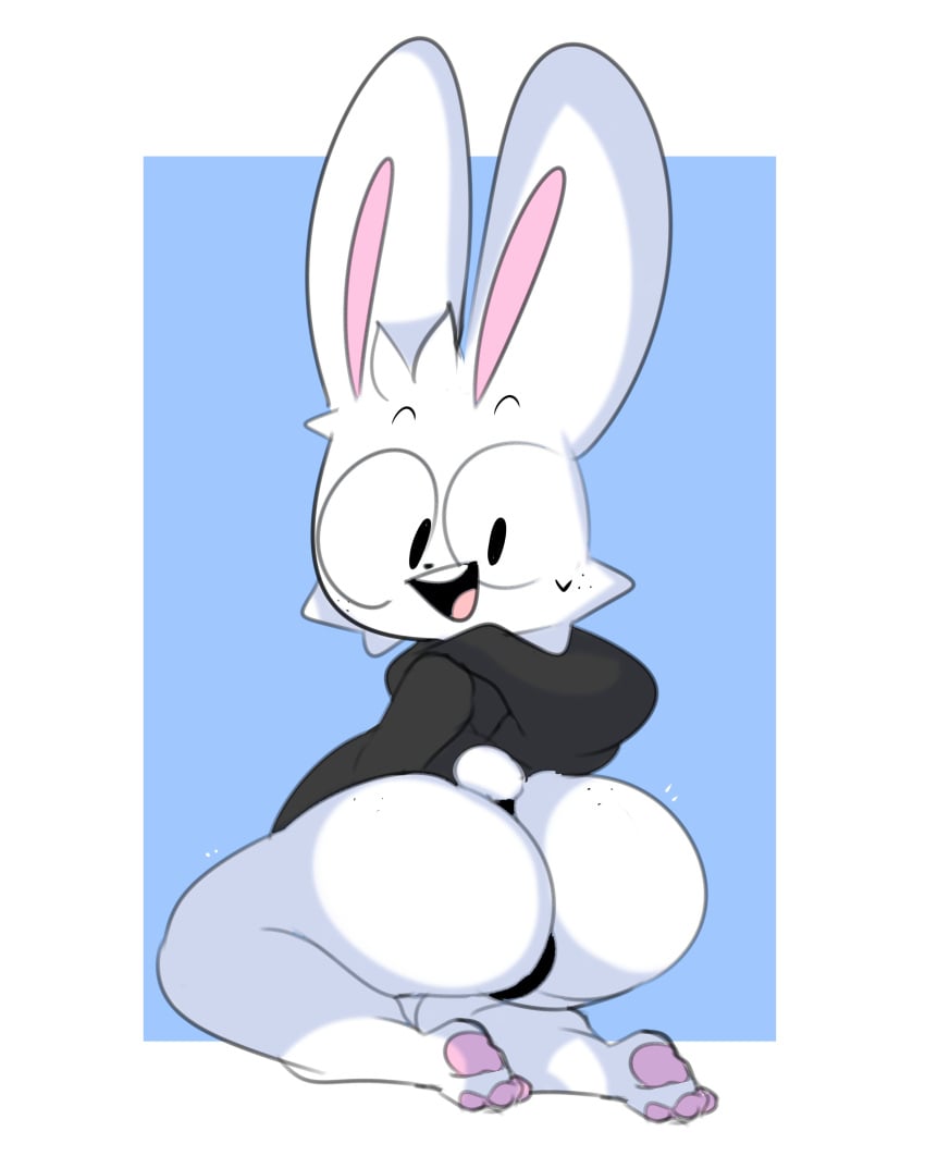 anthro ass big_ass bulge bunny femboy freckles freckles_on_ass freckles_on_face hoodie konaditto simple_background squashortstacks squatting visible_bulge