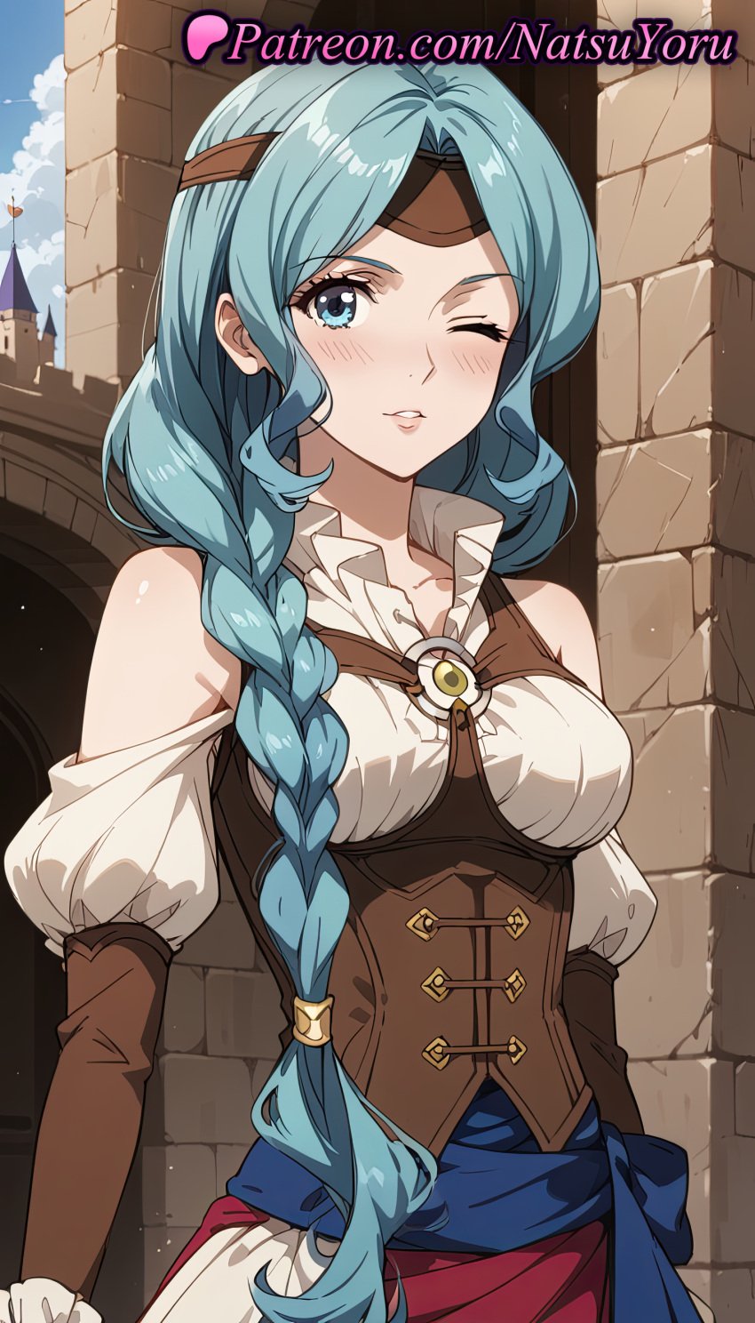 1girls ai_generated anime anime_style aqua_eyes aqua_hair bare_shoulders blue_eyes blue_hair blue_sash blush braid braided_ponytail breasts bust busty circlet clothing_cutout cloud collarbone corset day detached_sleeves dress female female_focus female_only hair_over_shoulder headband hentai lips long_hair long_sleeves looking_at_viewer medium_breasts natsuyoru non-asian one_eye_closed outdoors parted_bangs parted_lips puffy_sleeves red_skirt sash shirt shoulder_cutout single_braid sky smile solo solo_female standing tate_no_yuusha_no_nariagari the_rising_of_the_shield_hero therese_alexanderite underbust upper_body very_long_hair voluptuous voluptuous_female