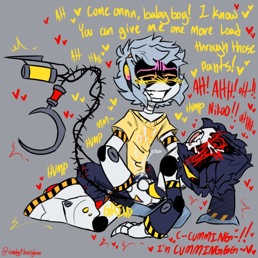 2boys cum gay humping im_shit_at_tagging intertwined_tails male male_on_male motion_lines murder_drones n_(murder_drones) niko_(murder_drones_panic_au) nox_(murder_drones(au)) partially_clothed pay_gorn say_gex tail text