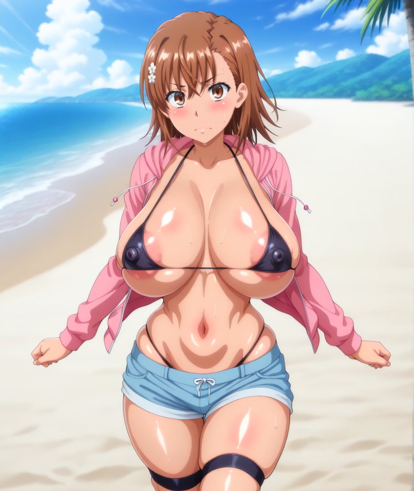 1girls ai_generated areolae beach big_breasts big_thighs bikini blush breasts busty female female_only huge_breasts huge_thighs large_breasts large_thighs micro_bikini misaka_mikoto navel neto_ai swimsuit thick_thighs thighs to_aru_kagaku_no_railgun to_aru_majutsu_no_index voluptuous