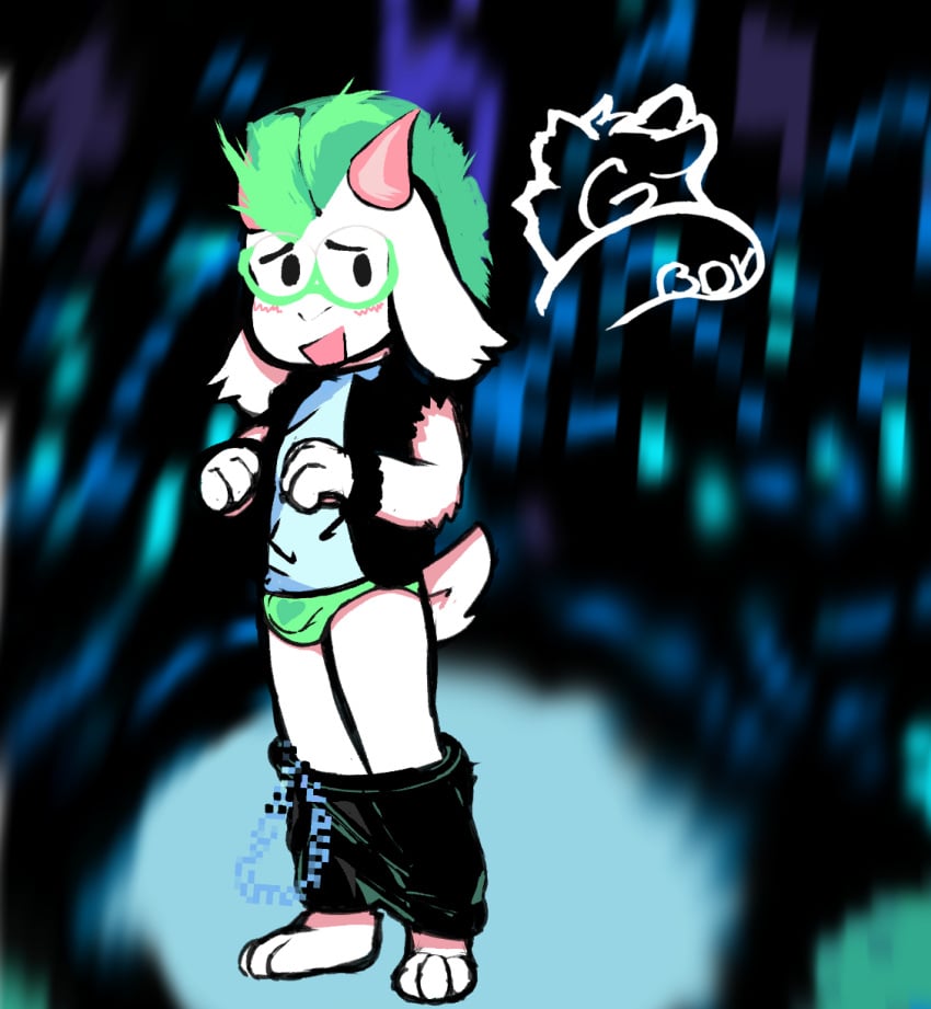 background cute_male deltarune deltarune_chapter_3 geno_boy glasses goat goat_horns green_hair heart_symbol male male_only pants_down paws punk ralsei simple_background solo solo_male standing underwear watermark white_fur