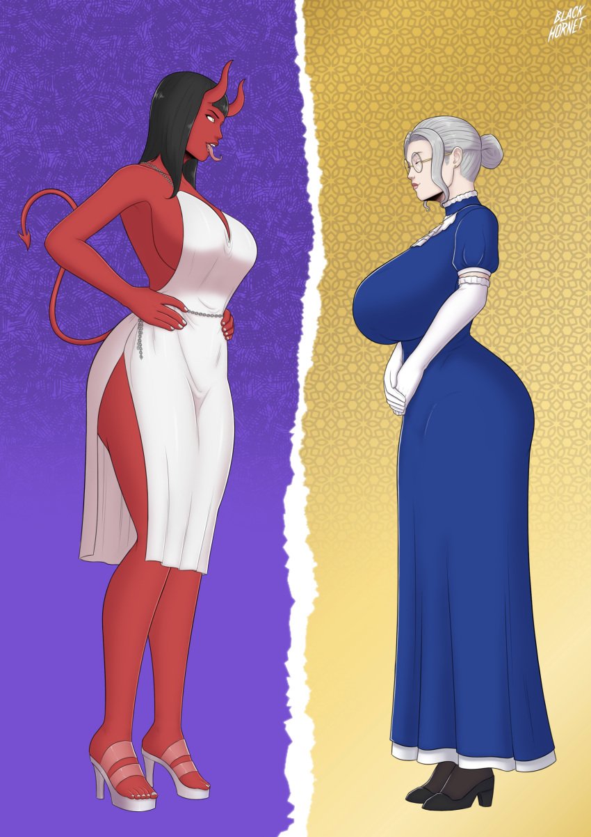 2girls absurd_res absurdres background big_ass big_breasts black_hair blackhornet blue_dress clothed clothing comic comic_page demon demon_girl demon_horns digital_art digital_drawing_(artwork) digital_media_(artwork) digital_painting_(artwork) dress elegant_dress english_text glasses gray_hair grey_hair hair_bun heels hi_res highres light-skinned_female light_skin long_gloves long_tongue looking_at_another milf original_character original_characters pale-skinned_female pale_skin red_skin red_skinned_female revealing_clothes round_glasses sexy_dress succubus taller_girl toes tongue tongue_out vampire vampire_girl victorian victorian_dress yellow_eyes