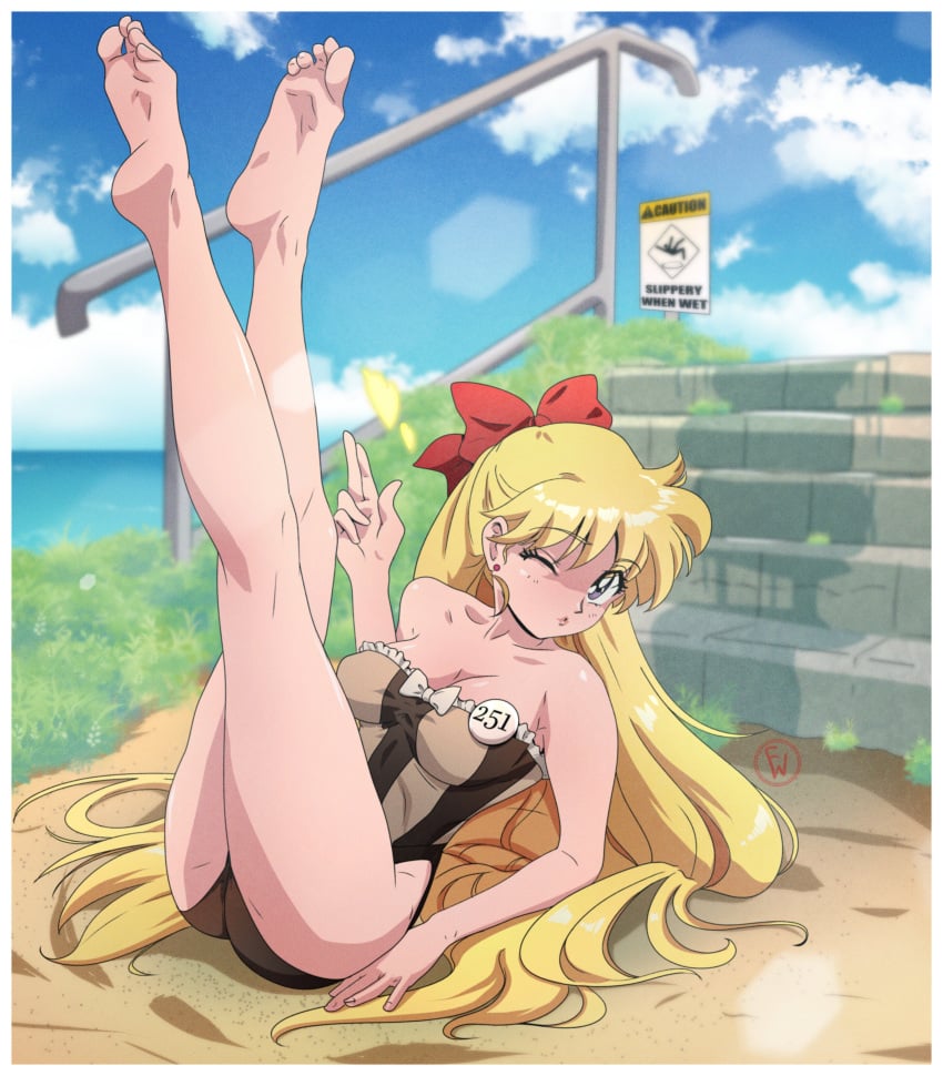 1girls absurd_res alluring bishoujo_senshi_sailor_moon blonde_hair blue_eyes blue_sky bow casual_one-piece_bikini cloud commentary day english_commentary frilled_one-piece_swimsuit frills fritz_willie full_body grass hairbow high_res legs_up long_hair minako_aino official_alternate_costume one-piece_bikini one_eye_closed outside red_bow sign sky stairs swimsuit two-tone_swimsuit