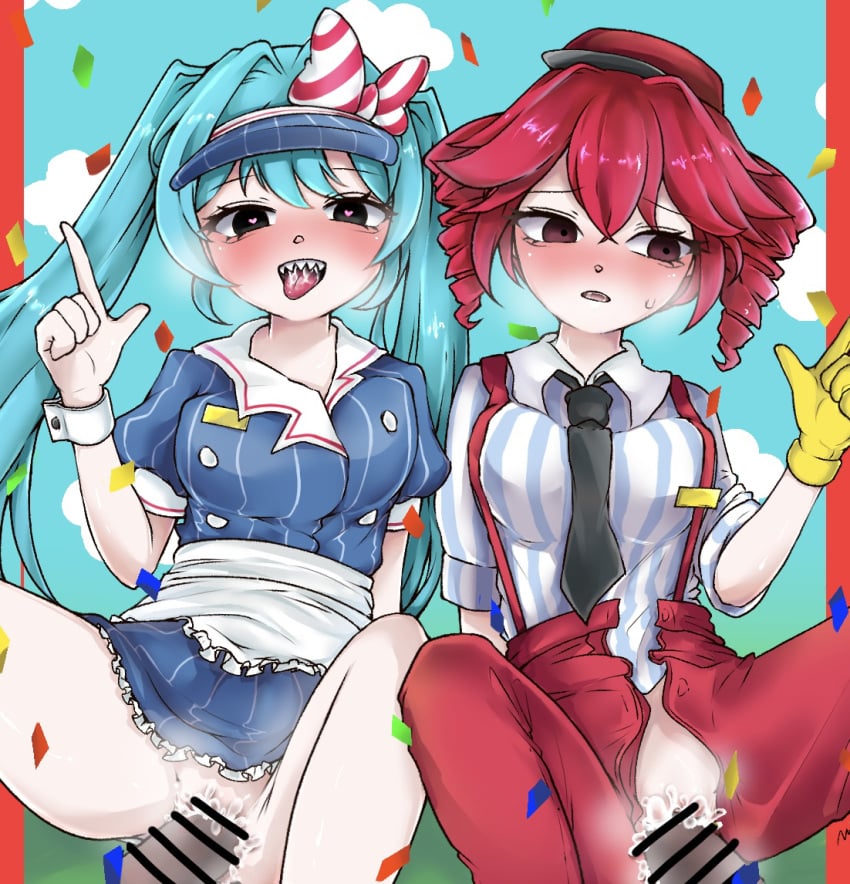 2boys 2d 2d_(artwork) 2girls artist_request blue_eyes blue_hair breasts censored censored_penis clothed_sex clothing cum cum_in_pussy cum_inside female hatsune_miku kasane_teto kasane_teto_(sv) mesmerizer_(vocaloid) mesmerizer_miku mesmerizer_teto offscreen_male pussy red_eyes red_hair sharp_teeth synthesizer_v tongue tongue_out twin_drills twintails utau vagina vaginal_penetration vaginal_sex vocaloid waitress_uniform worried_expression