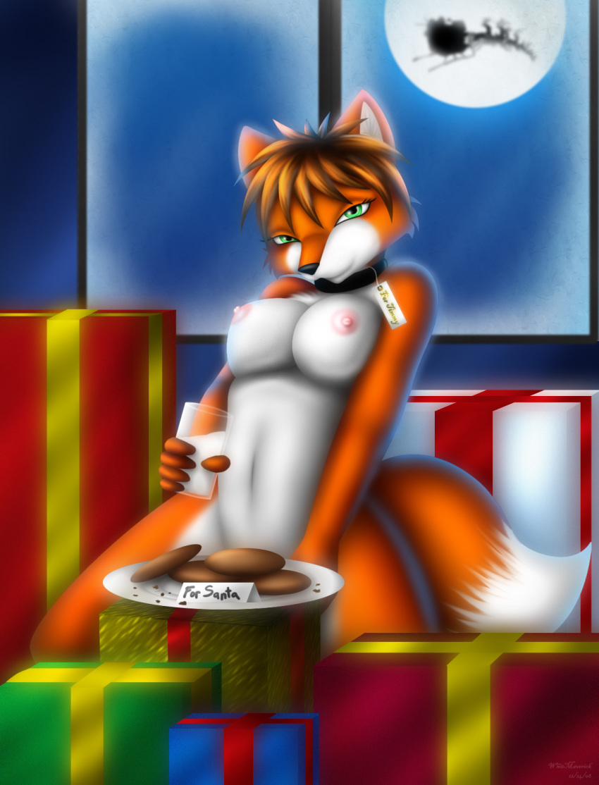 anthro breasts canine christmas collar cookie female fox fur furry holidays looking_at_viewer milk moon nude prostitution santa sleigh solo strategically_placed_object whitmaverick window