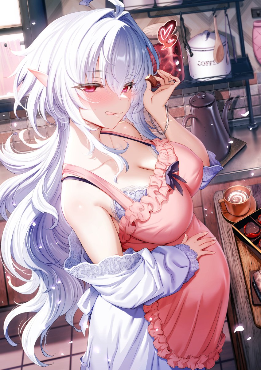 1girls apron big_breasts blush bra breasts casual casual_clothes chocolate chocolate_heart clothed clothing eating_candy fate/grand_order fate/prototype fate_(series) female female_focus female_only high_resolution huge_breasts kitchen kitchen_utensils lady_avalon_(fate) large_filesize licking licking_lips long_hair looking_at_viewer m-da_s-tarou merlin_(fate/prototype) milf petals pointy_ears pregnant pregnant_belly pregnant_female red_eyes rubbing rubbing_belly solo solo_female tagme very_high_resolution wedding_ring white_hair wife