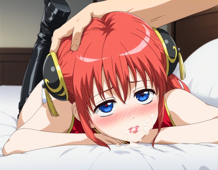 age_difference ai_generated chinese_clothes cum_in_mouth cum_on_face cunny gintama kagura_(gintama) petite_female red_hair teenage_girl