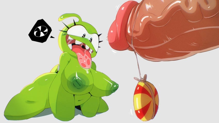 2025 alien big_breasts black_eyes breasts candy cut_the_rope female female_focus green_body green_skin grey_background huhujujuy male nipples om_nom peppermint precum precum_bubble rule_63 thick_thighs thighs tongue tongue_out