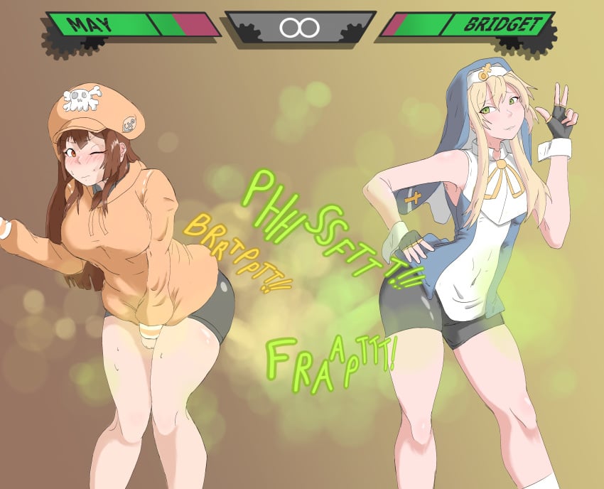 1boy 1girls arcs blonde_hair bridget brown_eyes brown_hair fart fart_fetish farting_contest guilty_gear health_bar may_(guilty_gear) orange_clothing pyrosinical spats