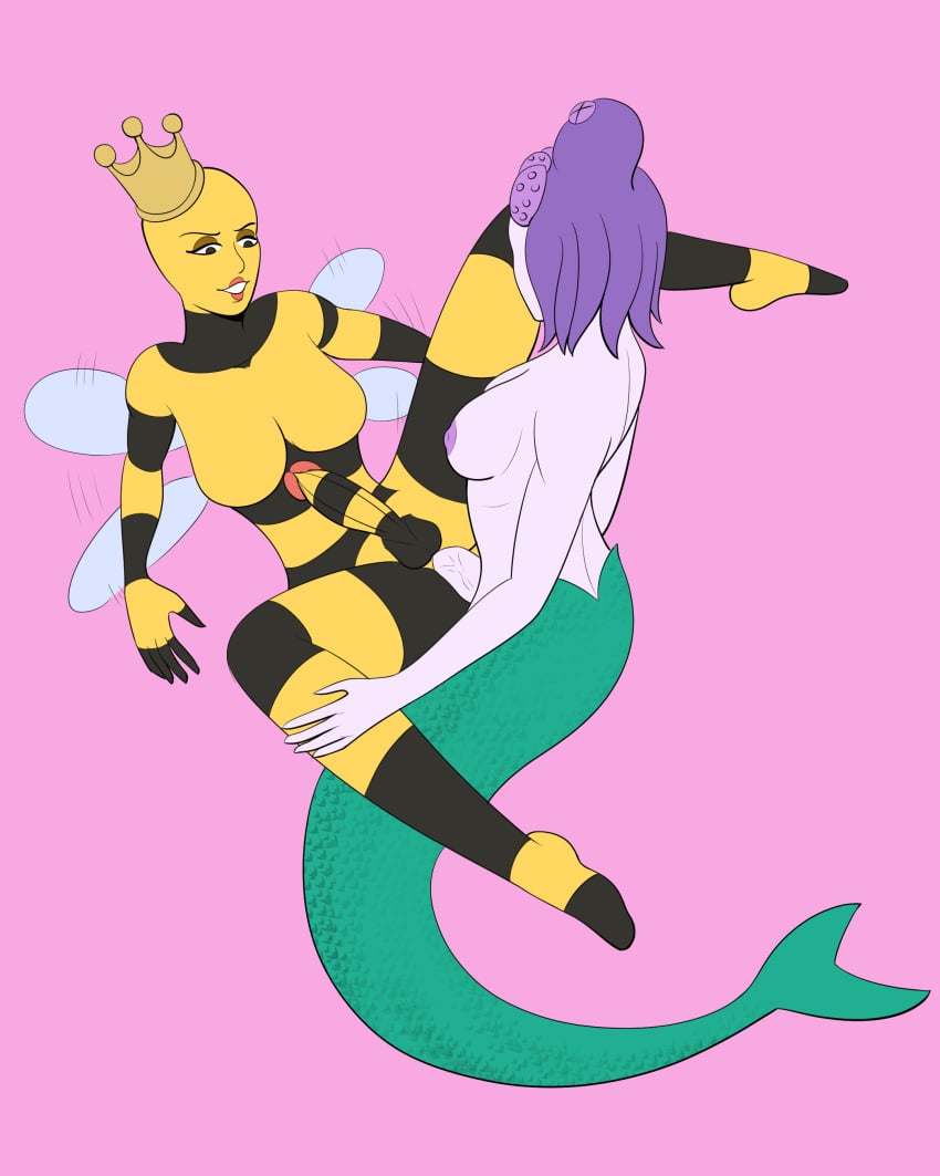 2futas anonymous_artist areolae balls bee big_breasts big_penis black_and_yellow breasts cala_maria crown cuphead_(game) duo erection futa_on_futa futa_only futanari futanari_mermaid futanari_penetrated futanari_penetrating grinning humanoid humanoid_penis mermaid nipples nude octopus on_back penis rumor_honeybottoms source_request