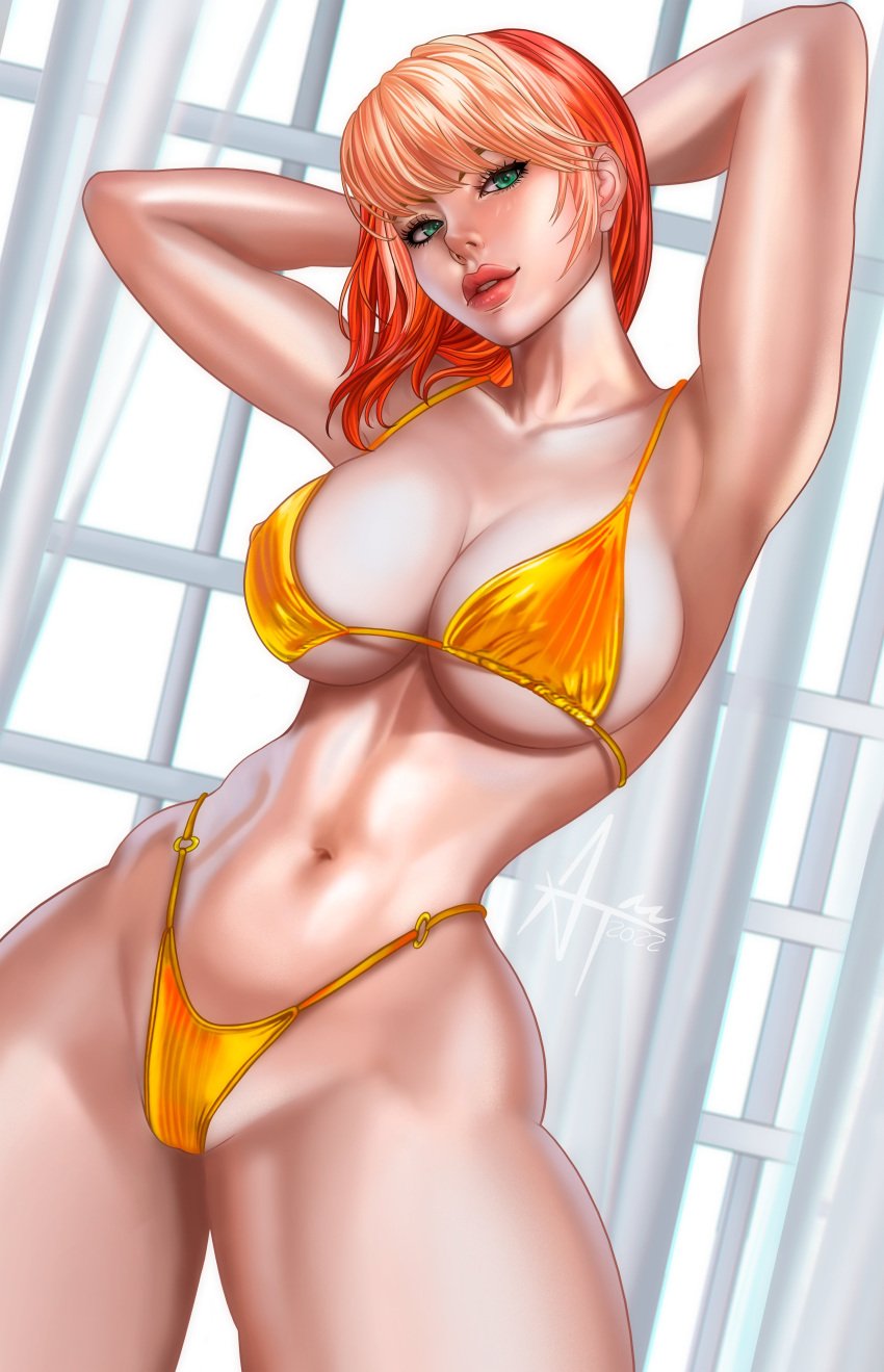 alternate_version_available amaterasumikami athletic_female belly_button bikini bikini_top curvaceous dyed_hair e-girl e_girl egirl fanart fit_female full_lips green_eyes hairless indoors jenna_lynn_meowri large_breasts light_skin medium_hair meowri navel orange_hair pink_hair real_person realistic shaved_pussy solo solo_female solo_focus thick_lips thick_thighs thong toned toned_female window