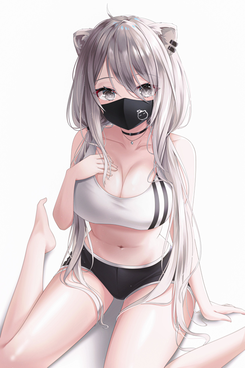 adidas animal_ears big_breasts fan_mascot_(vtuber) grey_hair hand_on_breast hololive hololive_gen_5 hololive_japan legs_apart lion_ears lion_girl lioness ll_0121 long_hair looking_at_viewer mask shishiro_botan sitting sports_bra ssrb virtual_youtuber white_background workout_clothes