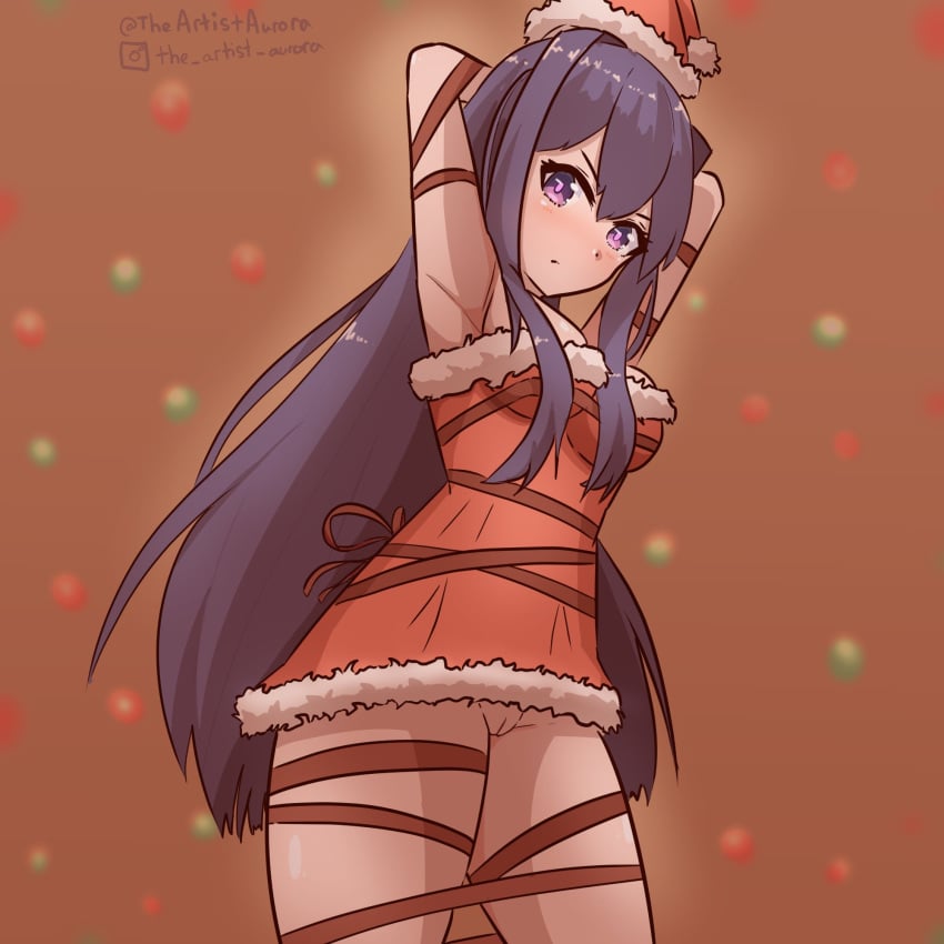 1girls bondage christmas doki_doki_literature_club female looking_at_viewer no_panties purple_eyes purple_hair pussy red_ribbons ribbons santa_costume santa_hat santa_suit solo theartistaurora yuri_(doki_doki_literature_club)