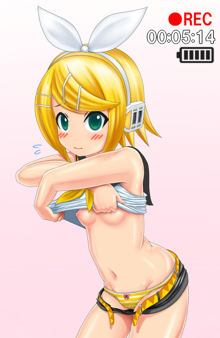 1girls 2023 anime_style aqua_eyes battery belt blonde blonde_female blonde_hair blush blush_lines blushing blushing_at_viewer breasts clothing clothing_lift crypton_future_media female female_focus female_only green_eyes hair_clip hair_clips hairclip hairclips headphones headphones_on_head headset highres kagamine_rin looking_at_viewer nanawa navel nipples pants pants_down pants_pulled_down pink_areola pink_areolae pink_background pink_nipples recording ribbon ribbons sega shiny_skin shirt shirt_lift shirt_up simple_background small_breasts solo unbuckled_belt underwear undressing vocaloid yellow_hair