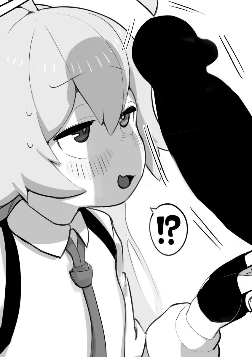 !? 1boy absurdres ahoge blue_archive blush censored collared_shirt erection female gloves greyscale hair_between_eyes heterochromia highres hoshino_(blue_archive) long_hair long_sleeves monochrome necktie open_mouth penis penis_awe shirt simple_background solo_focus straight uminotacos white_background young