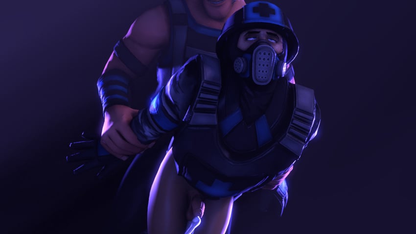 ahe_gao arms_yanked big_male classic_heavy classic_medic classic_mercs cum cum_drip eyes_rolling_back gay gay_domination gay_sex masked_male no_pants penetration penis restrained smaller_male source_filmmaker spotlight team_fortress_2 testicles twink