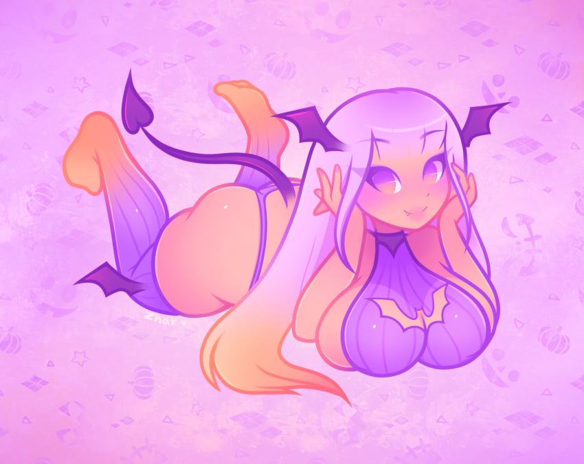 ass ass_up bat bat_wings bats big_breasts blush boob_window breast_press breast_squish breasts bubble_butt choker cute cute_fang feet feet_up halloween_costume head_wings huge_breasts ombre_hair orange_hair purple_eyes purple_hair ribbed_sweater sideboob socks spade_tail stella_(zharxart) succubus succubus_tail tanned tanned_female tanned_skin thick_ass thick_legs thick_lips thick_thighs thighhighs thong vampire zharxart