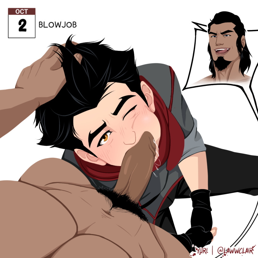 2boys avatar_legends big_penis black_hair blowjob blush blushed cheek_bulge clothing dark_skin gay gay_blowjob gay_sex hand_on_head lawwclair looking_at_viewer looking_up mako male male_only oral_sex penis pubes pubic_hair smooth_skin the_legend_of_korra tongue tonraq yaoi yellow_eyes