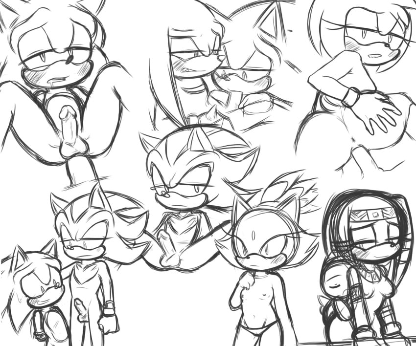 adhesivesocks amy_rose blaze_the_cat blush chao_(sonic) fellatio flat_chest hands_behind_back knuckles_the_echidna male male_pov monochrome penis pov shadow_the_hedgehog sketch sonic_(series) sonic_the_hedgehog tied_hands tikal_the_echidna white_background