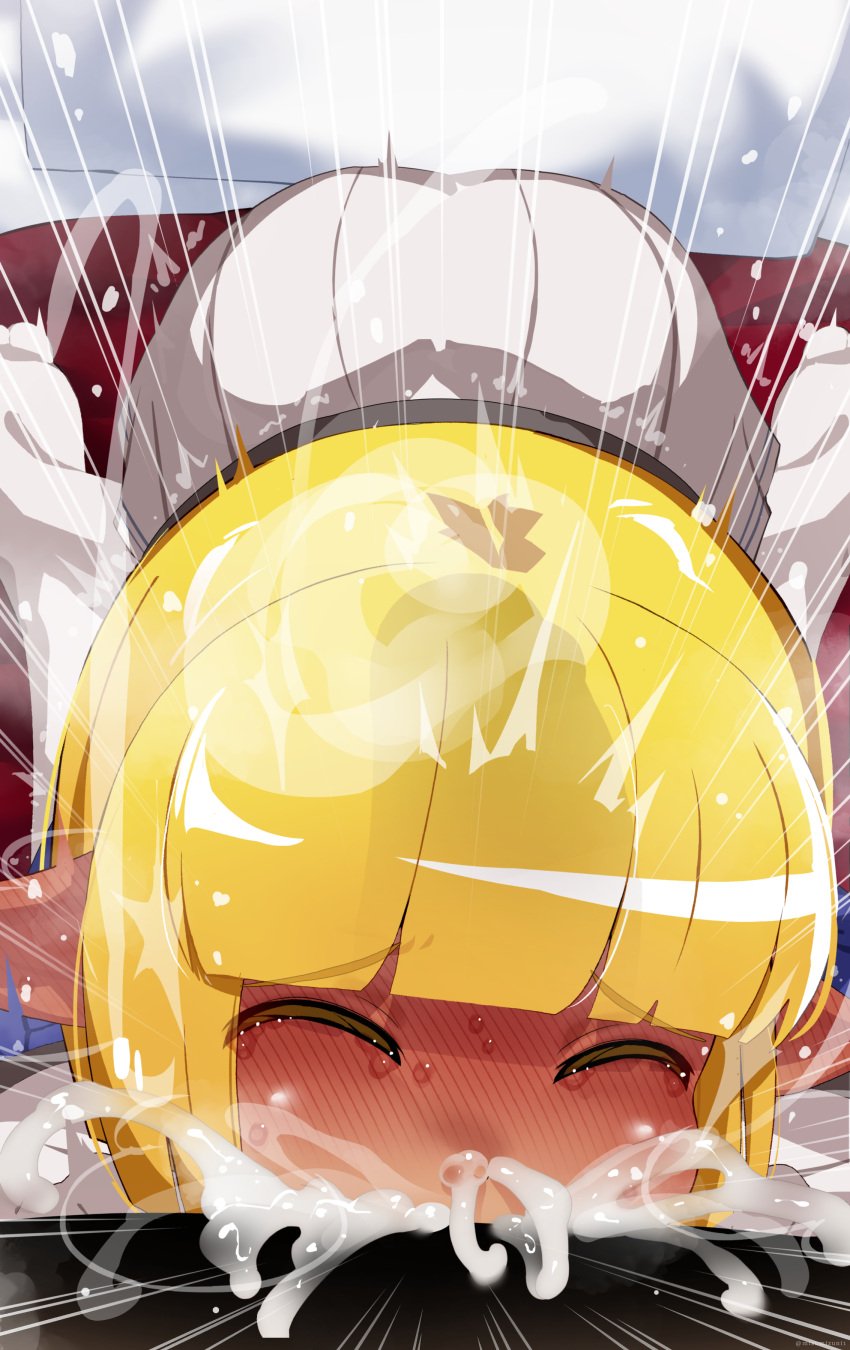 2boys bent_over big_penis blonde_hair blowjob blush closed_eyes clothed cum cumshot deepthroat fellatio femboy girly heterochromia leaking_cum male male_only mare_bello_fiore mizumizuni overlord_(maruyama) penis pointy_ears pov short_hair solo_focus sweat tears yaoi